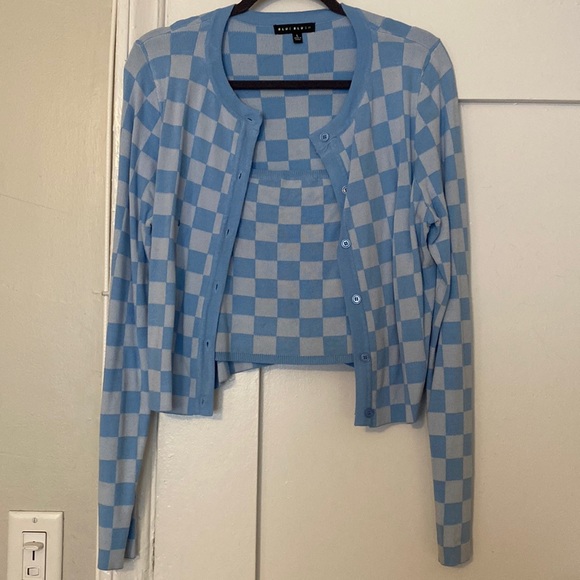 2 piece like new sweater combo knit cardigan tank top set crop top checker print - Picture 4 of 7